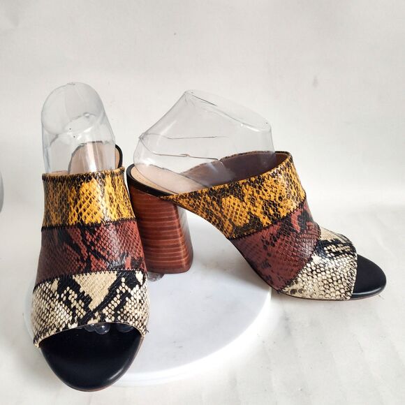 Gibson Latimer Snakeskin Goat Leather Size 9 Open Toe Block Heels Brown Yellow - Picture 5 of 12